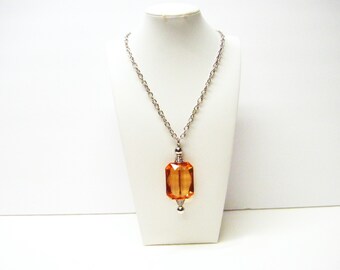 Golden Rectangle Emerald Cut Acrylic Bead on Silver Bead Pin Pendant Necklace