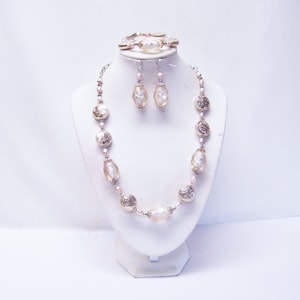 Chunky Oval Light Peach w/Golden Floral Peach Coin Acrylic Bead Necklace/Bracelet/Earrings