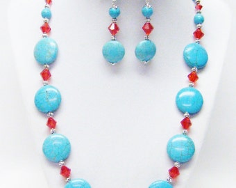 Turquoise Howlite Flat Round Discs w/Red Crystal Bicone Bead Necklace/Bracelet/Earrings Set