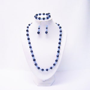 Black w/Sapphire Splotchy/Light Sapphire Glass Beaded Necklace/Bracelet/Earrings