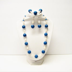 16mm Blue Turquoise Howlite w/White Freshwater Pearl Necklace/Bracelet/Earrings Set