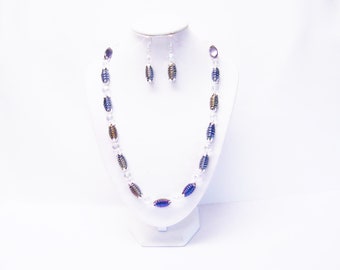 Perle de verre spirale torsadée multicolore avec collier / boucles d’oreilles Silver Findings