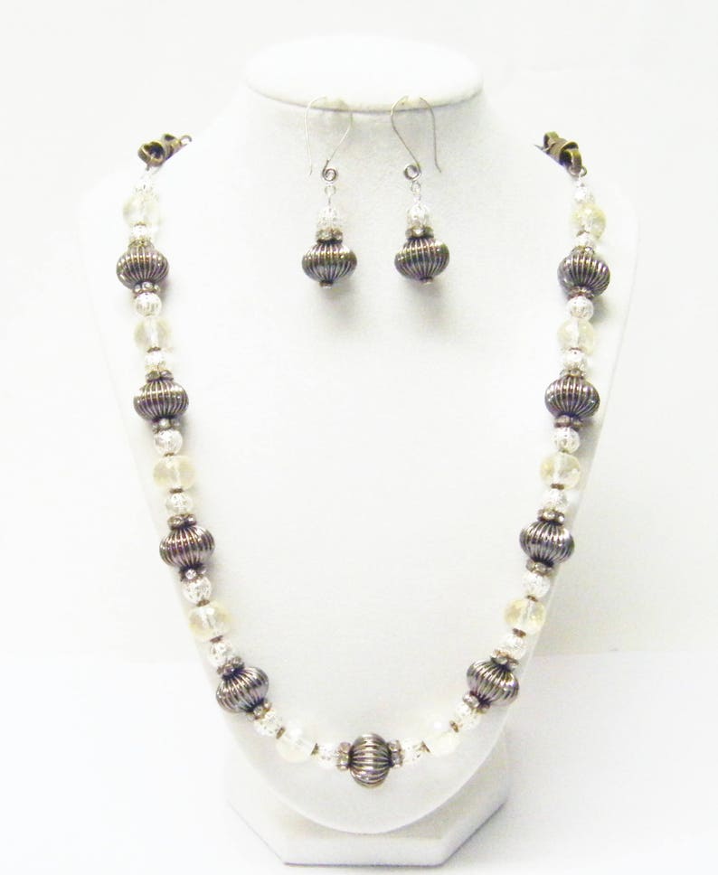 Bronze Corrugated wLarge Glass Faceted Rondelle Bead NecklaceEarrings