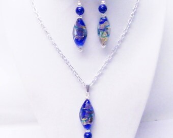 Blue Oval Swirl Glass Bead Hanger Ketting & Oorbellen Set