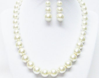 18” Alabaster Glass Pearl w/Crystal Seed Beads Necklace/Bracelet/Earrings Set