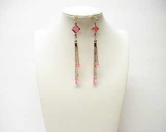 Pink Faceted Glass in Silver Window Bead Dangle Earrings
