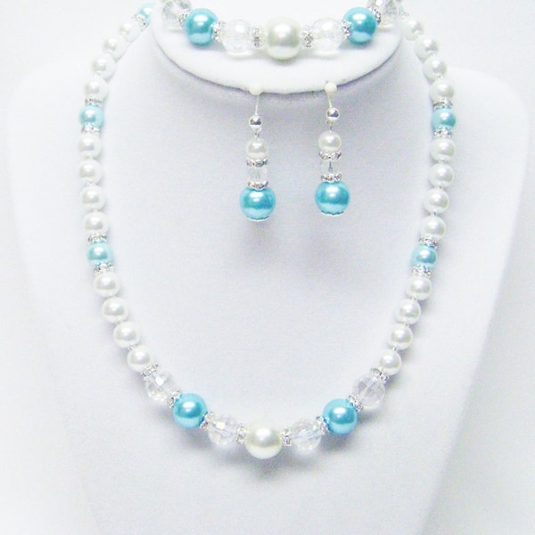 White w/Turquoise Glass Pearl w/Rondelle Crystal Rhinestone Necklace/Bracelet/Earrings Set