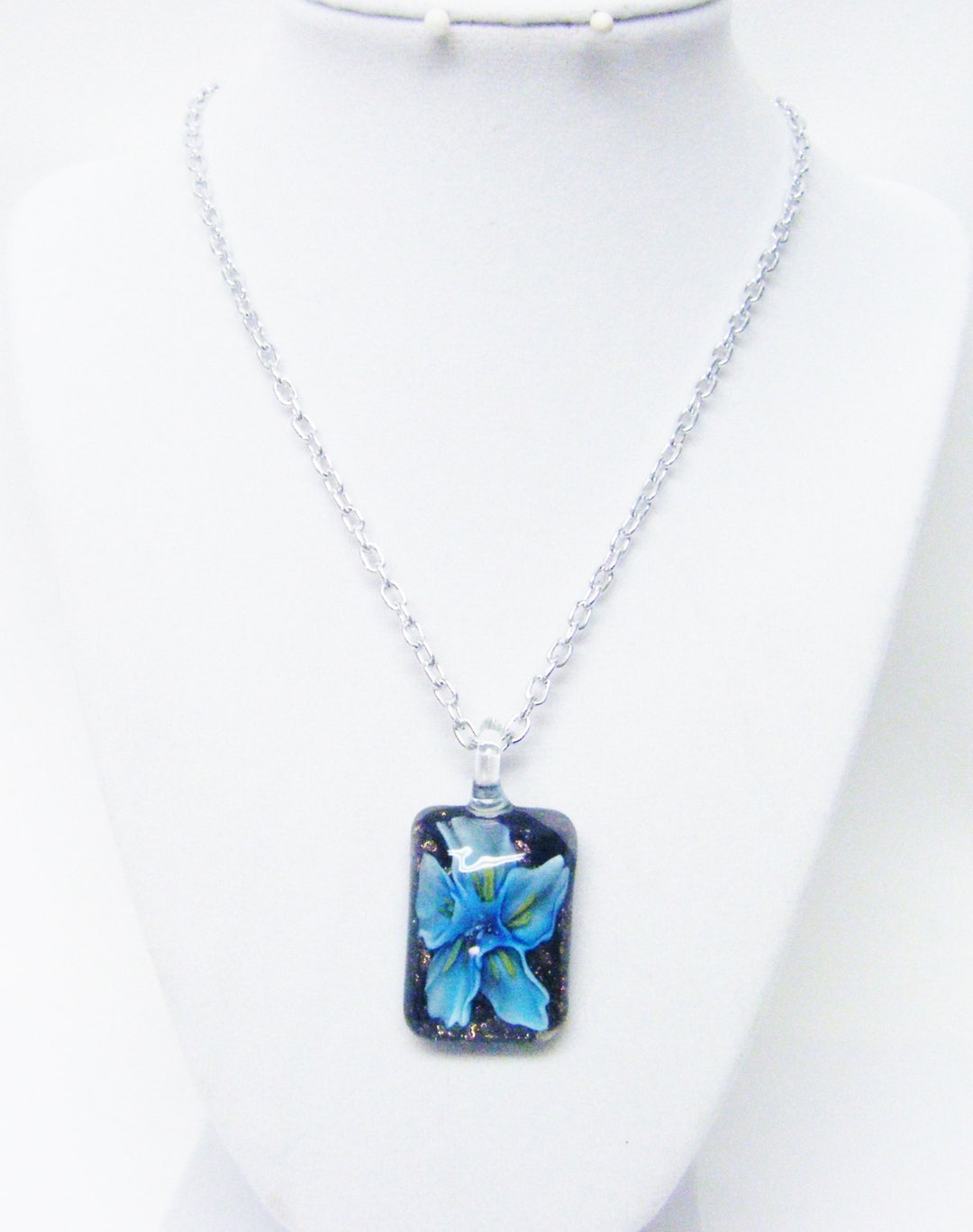 Dichroic Glass Lamp Work Flower Rectangle Pendant Necklace Etsy