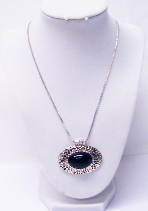 Oval Silver Plated W Black Glass Stone Pendant Necklace Image 0