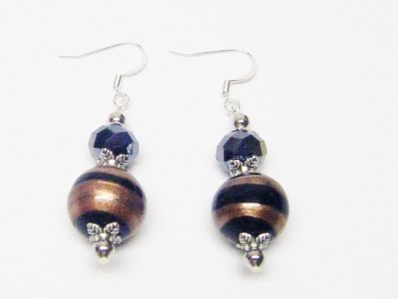 Round Brown wBlack Swirl Glass Bead Pendant Necklace Earrings Set