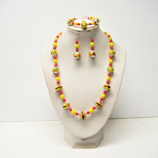 Ensemble collier/bracelet/boucles d'oreilles en perles de verre jaune Murano Rondelle Big Hole