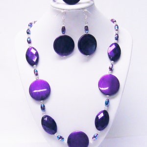 Large Round Purple Disc Acrylic Bead Necklace/Bracelet/Earrings Set