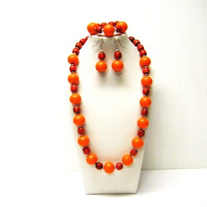 Round Smooth Bold Orange w/Painted Barrel Shape Wood Bead Necklace/Bracelet/Earrings