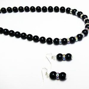 Black Glass Pearl w/Rondelle Crystal Rhinestones Bead Necklace/Earrings Set image 2