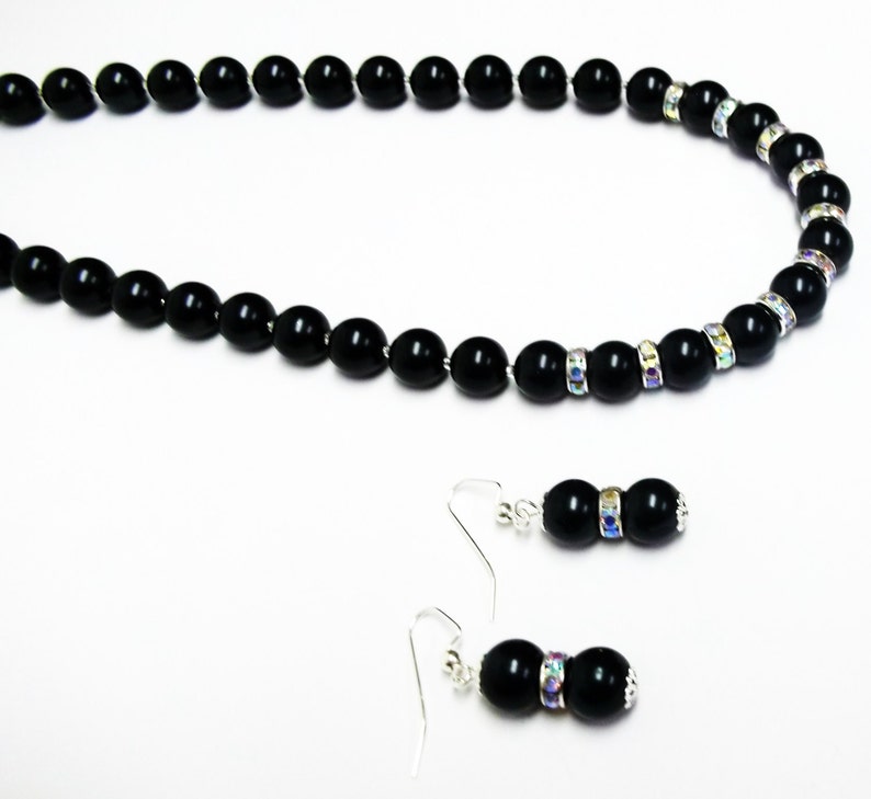 Black Glass Pearl w/Rondelle Crystal Rhinestones Bead Necklace/Earrings Set image 2
