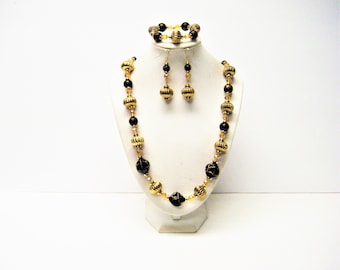 Large Corrugated Donut Gold w/Black/Gold Splatter Bead Necklace/Bracelet/Earring