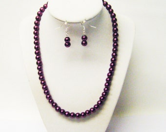 8mm Crimson Glass Pearl Necklace/Earrings