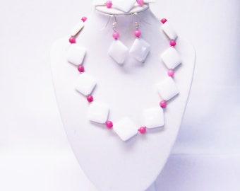 Smooth Chunky White Rhombus Acrylic w/Semiprecious Goldstone Bead Necklace/Bracelet/Earrings