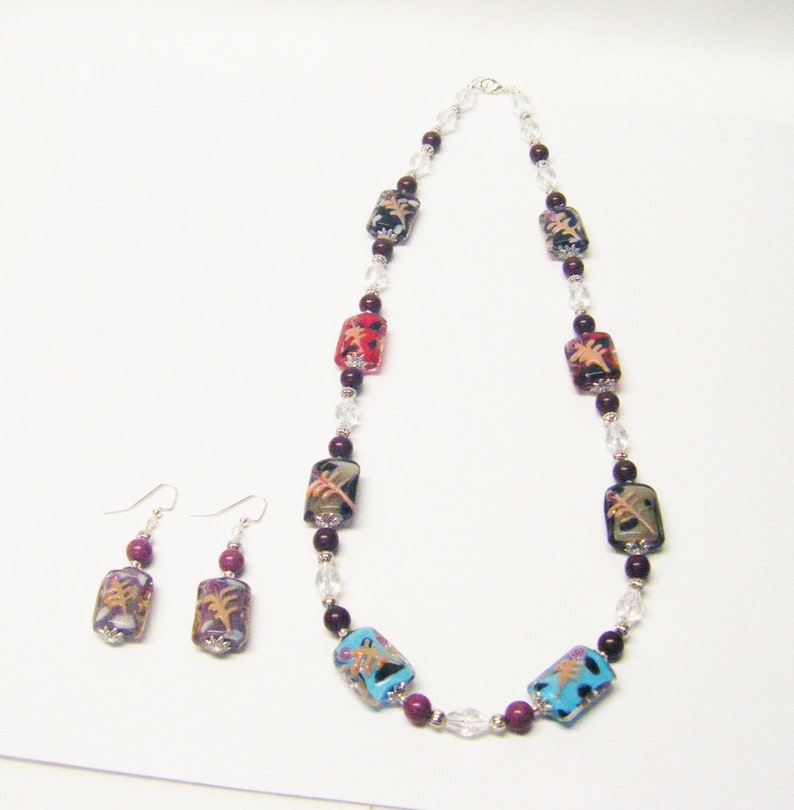 Fancy Multicolor Rectangle Lamp Work Glass Beaded Necklace Earrings