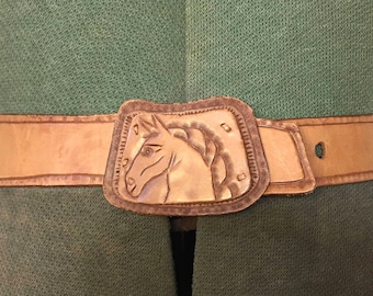 vintage 70s tooled leather belt light brown leather belt horse belt 1970s high waist belt equestrian belt leather belt leather belt buckle