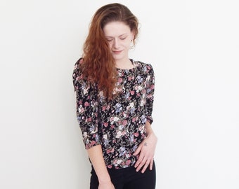 Blusa vintage de rayón con estampado floral de los años 80, mangas abullonadas, talla S/M