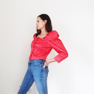 womens red crop top quilted blazer jacket Christmas party top silky puff sleeve statement bright red retro formal dressy blazer cool M