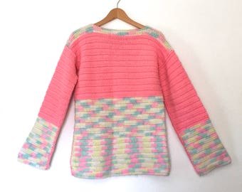 pastel rainbow sweater chunky sweater bell sleeve sweater oversized sweater 90s 70s rainbow knit sweater pastel striped pink sweater bright