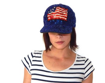 Vintage 90s Sequin American Flag Baseball Cap - 4th of July Slouchy Hat