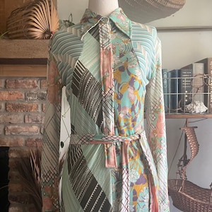 vintage 70s patchwork dress long sleeve pastel floral dress elephant print chevron geometric pattern shirtdress bow tie belted fall boho