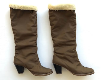 vintage late 70s early 80s tall brown boots faux shearling lined boots mid heel chunky heel ski lodge boots retro cool unique