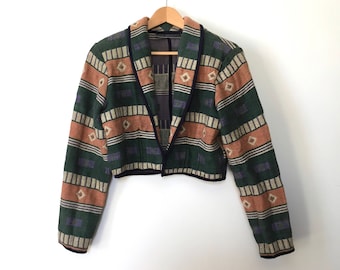 Vintage Southwestern Tapestrie Crop-Jacke aus dunkelgrüner Baumwolle (M)