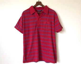 Polo a righe vintage anni '80 - Rosso, blu, misto cotone, taglia L da uomo