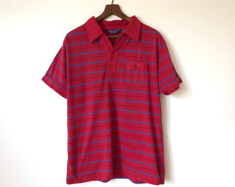 red striped polo shirt mens vintage 80s short sleeve collared shirt golf shirt barbecue shirt cotton hipster preppy red blue striped shirt