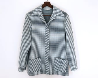 vintage mod blazer jacket blue houndstooth jacket pointy collar jacket retro blazer light blue and off white check print coat leisure suit M