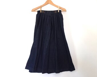 vintage 70s dark denim flare skirt midi skirt high waist denim skirt pleated denim skirt western boho skirt cowgirl 1970s jean skirt S