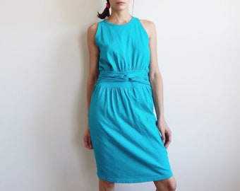 vintage turquoise dress 80s cotton sleeveless dress below the knee dress minimalistic cute blue summer dress fitted dress unique belted