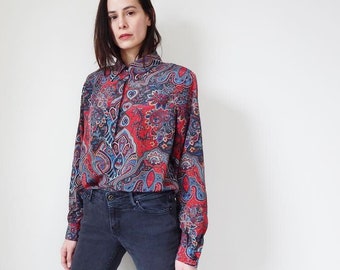 womens paisley long sleeve blouse late 90s y2k red blue grey loose top ethnic floral western point collar button up shirt casual office