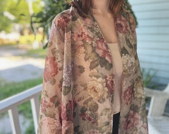 vintage 90s pink floral beach cover up lingerie style blouse loose top beachwear shirt big floral pattern tea party long sleeve swim cover