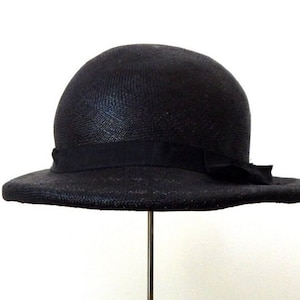 vintage black straw hat 30s bowler hat spring summer hat black hat small brimmed hipster garden party funeral new orleans great depression