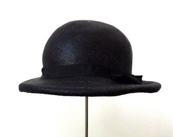 Buy Raffia Bowler Hat S 6 3/4 Vintage 60s Black White Brown  display picture 1