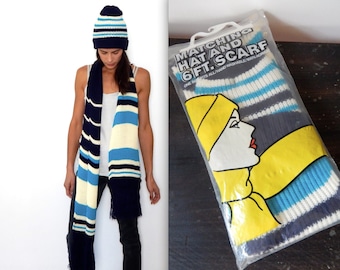 hat and scarf set vintage 70s scarf 70s beanie hat ski hat striped scarf blue beanie navy striped beanie matching hat and scarf deadstock