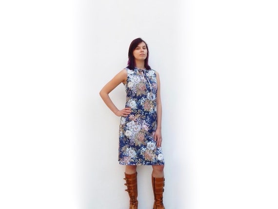 vintage 70s blue mod floral dress sleeveless dres… - image 6