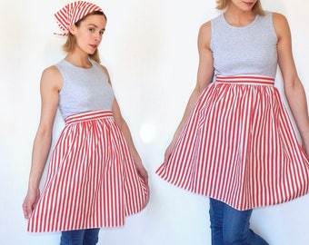 vintage red and white striped apron scarf set 60s mothers day gift apron scarf set matching triangle scarf hat retro candy striper classic