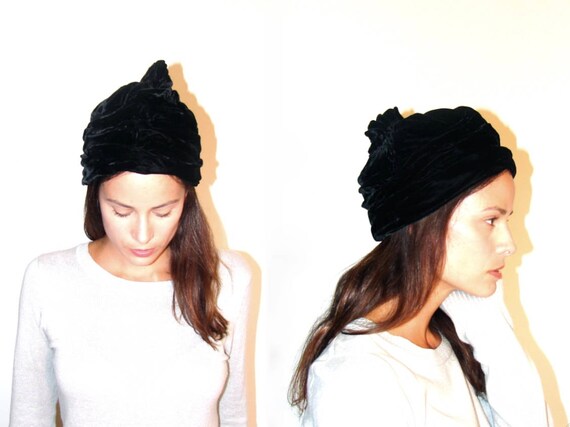 vintage black velvet slouchy beanie black cloche h