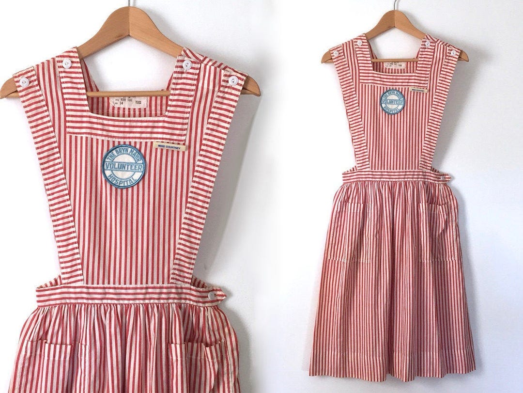 Vintage Candy Striper Dress Pinafore Dress Striped Apron Dress Sexy