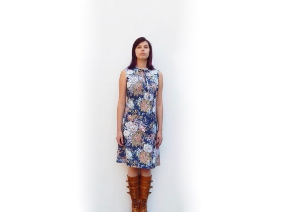 vintage 70s blue mod floral dress sleeveless dres… - image 2