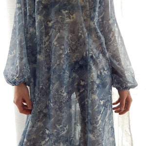 vintage wedding guest dress easter dress 70s blue sheer dress puff sleeve boho dress midcentury blue floral dress garden long bishop sleeve