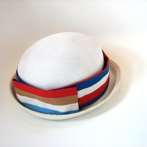 4th of july hat vintage 40s hat boater white straw hat small brimmed hat patriotic boardwalk ladies hat red white and blue hat unique hat