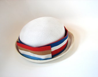 Vintage 40s Straw Boater Hat: Patriotic Red, White & Blue, 21.5"