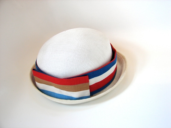 Vintage 40s Straw Boater Hat: Patriotic Red, Whit… - image 1